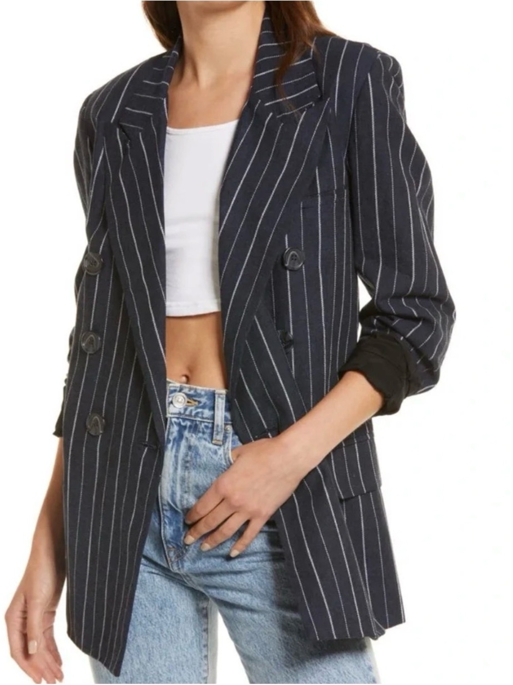 Free People Navy Pinstripe Double-Breasted Blazer